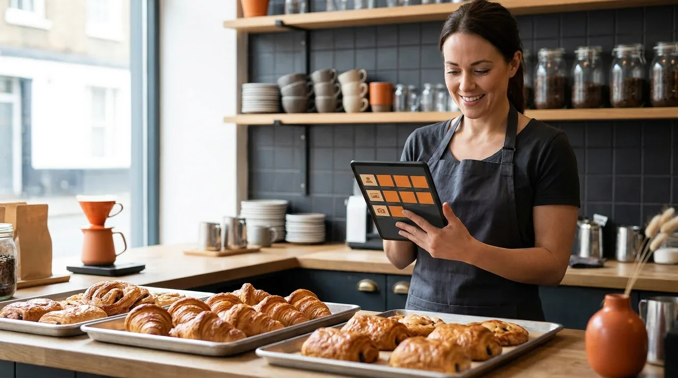 Café owner checking automated bookings on a tablet behind the counter